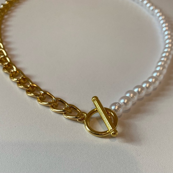 Half Pearl Half Gold Necklace with Toggle Clasp - Picture 3 of 5